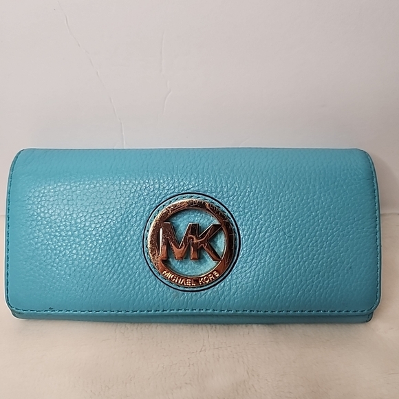 MICHAEL KORS Blue Genuine Leather Flap Wallet Clutch